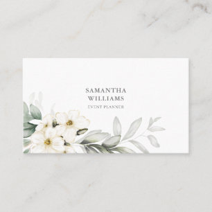 Elegant White Floral Event Planner QR Code  Business Card