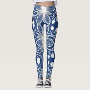 Elegant White Floral fabric Pattern on Deep Blue Leggings