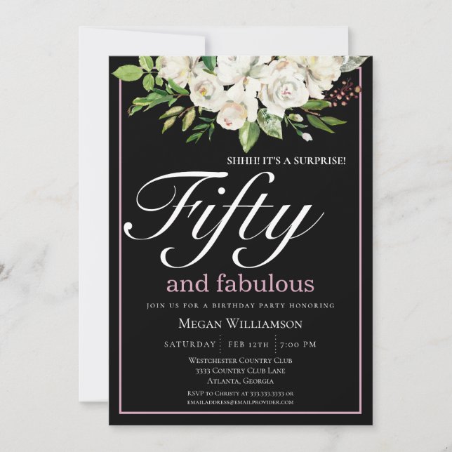 Elegant White Floral Fifty and Fabulous Birthday Invitation (Front)