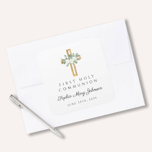 Elegant White Floral First Communion  Square Sticker