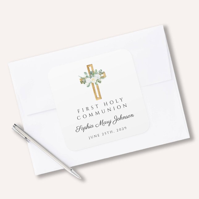 Elegant White Floral First Communion  Square Sticker (Elegant White Floral First Communion Square Sticker)