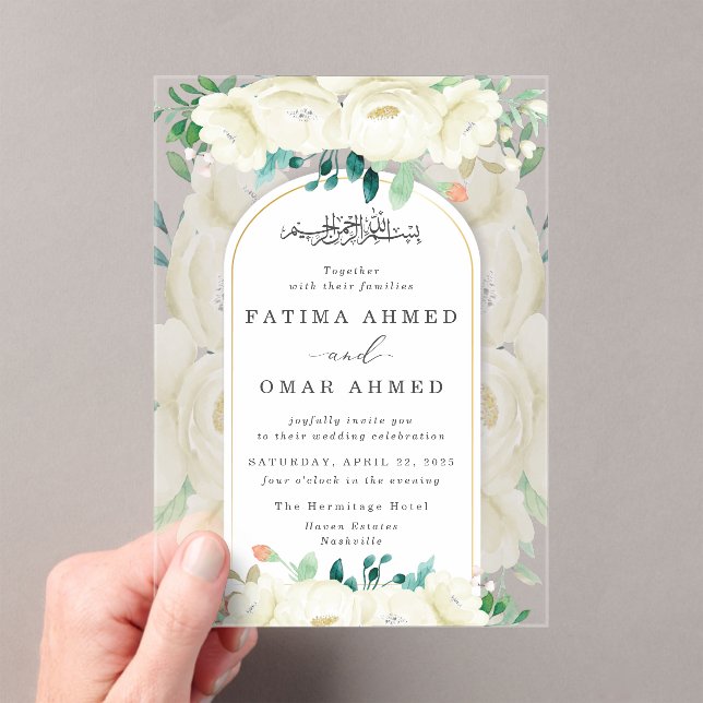 Elegant White Floral Garden Islamic Muslim Wedding Acrylic Invitations (Insitu (Handheld))