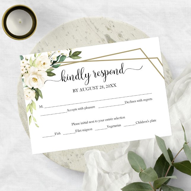 Elegant White Floral Geometric Wedding  RSVP Card (Creator Uploaded)