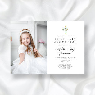 Elegant White Floral Girl First Communion Photo Invitation