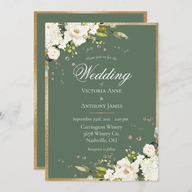 Elegant White Floral Gold Green Wedding  Invitation (Front/Back)