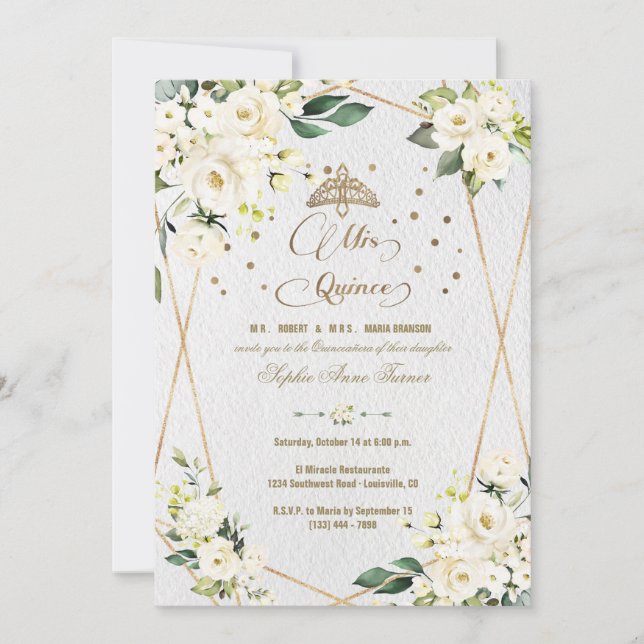 Elegant White Floral Gold Mis Quince Quinceañera Invitation (Front)