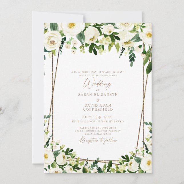 Elegant White Floral & Gold Modern Wedding  Invitation (Front)