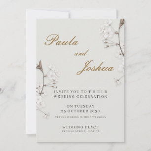 Elegant White Floral Gold Script Modern Wedding Invitation