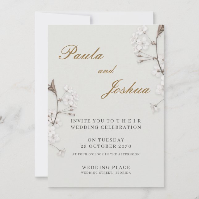 Elegant White Floral Gold Script Modern Wedding Invitation (Front)