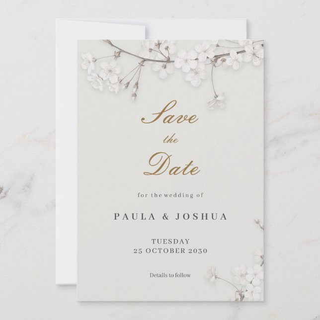 Elegant White Floral Gold Script Save the Date (Front)