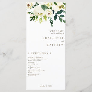 Elegant White Floral Gold Text Wedding Program Menu