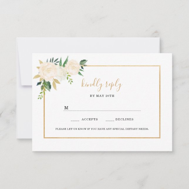 Elegant White Floral gold wedding rsvp Card (Front)