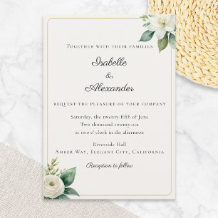 Elegant White Floral Green Gold Invitation