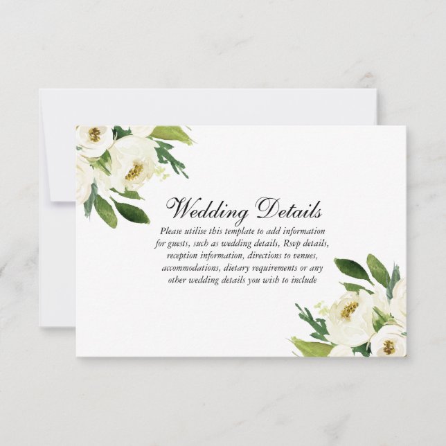 Elegant White Floral Green Leaf Wedding Details RSVP Card (Front)