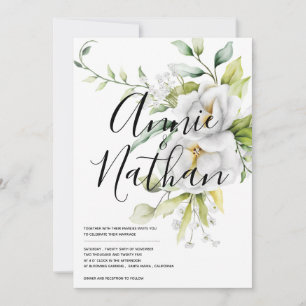 Elegant White Floral Green Leaves Script Wedding Invitation