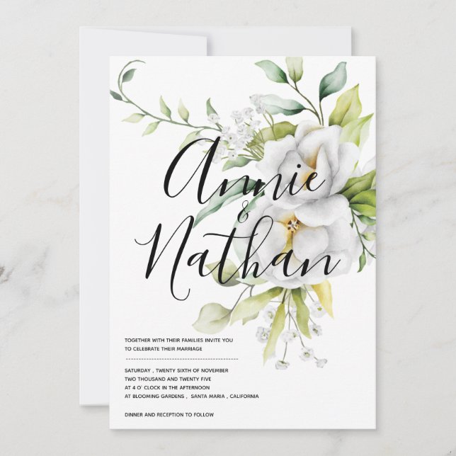 Elegant White Floral Green Leaves Script Wedding Invitation (Front)