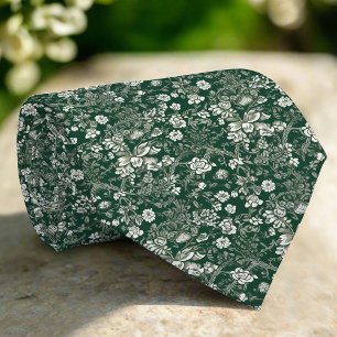 Elegant White Floral Green Pattern Wedding Tie