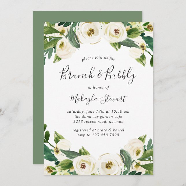 Elegant White Floral Greenery Brunch and Bubbly Invitation (Front/Back)