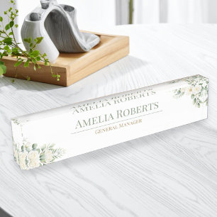 Elegant White Floral Greenery Custom Office Nameplate