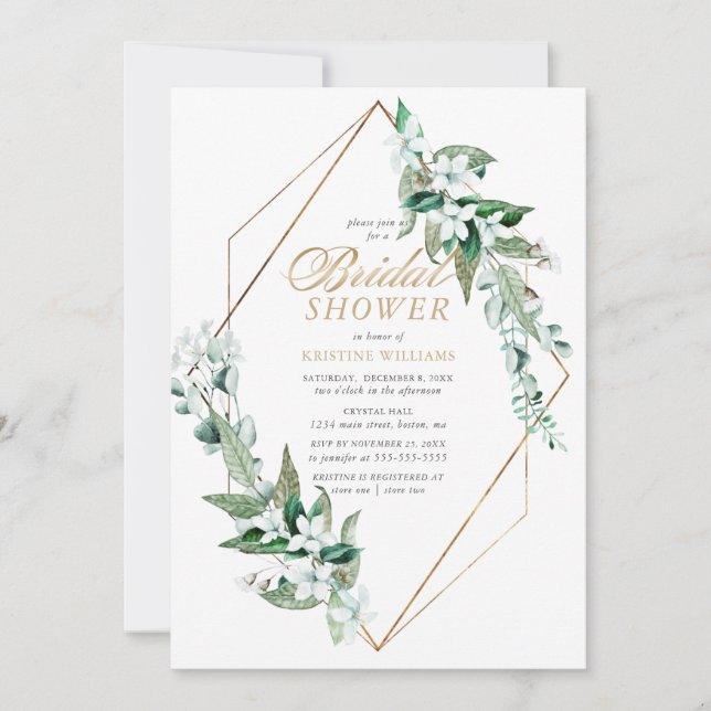 Elegant White Floral Greenery Gold Bridal Shower Invitation (Front)
