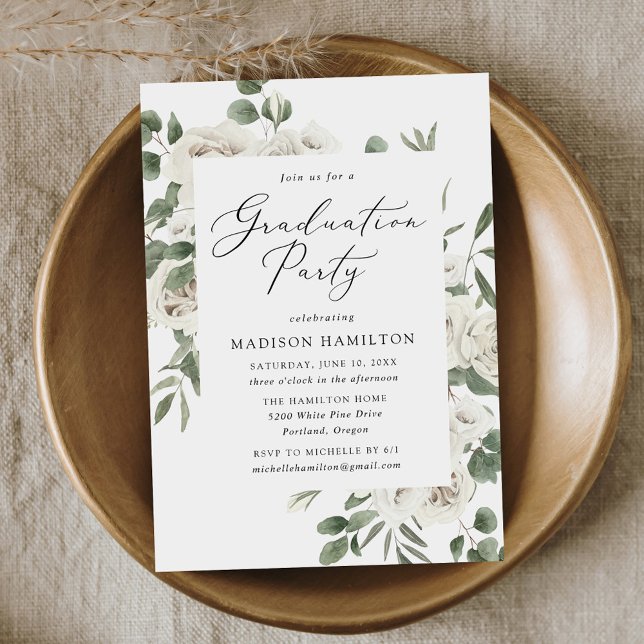 Elegant White Floral Greenery Graduation Party Invitation (Creator Uploaded)