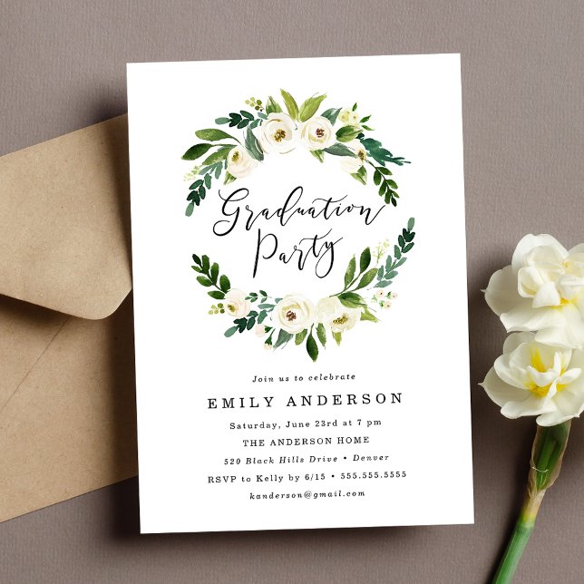 Elegant White Floral Greenery Graduation Party Invitation (Creator Uploaded)