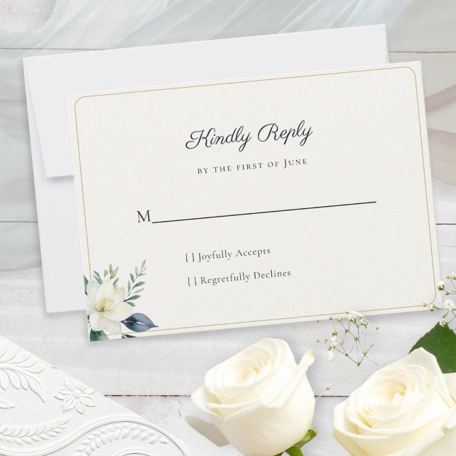 Elegant White Floral Greenery QR Code RSVP Card (An elegant wedding reply card for guests, with floral motif and a customizable QR code on the back)