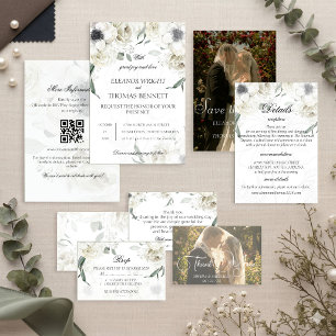 Elegant White Floral Greenery QR Code Wedding Invi Invitation