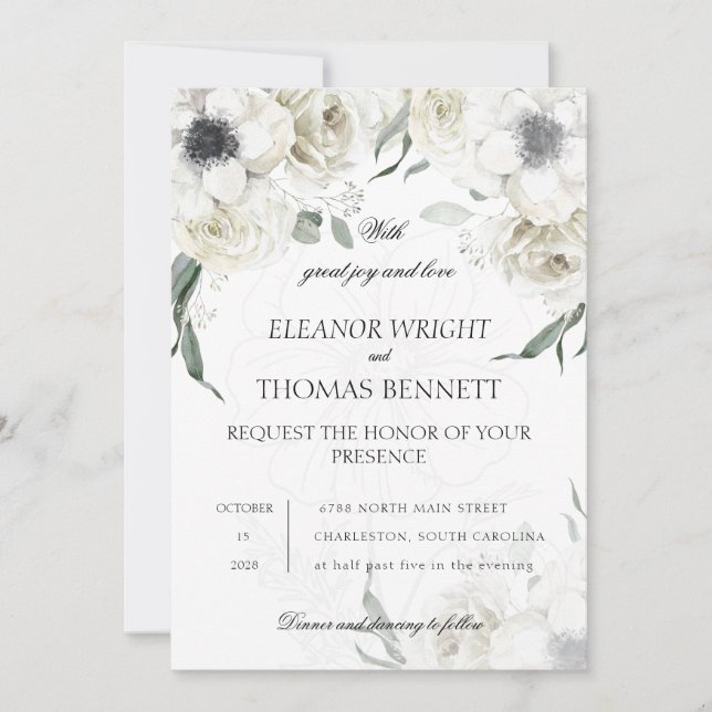Elegant White Floral Greenery QR Code Wedding Invi Invitation (Front)