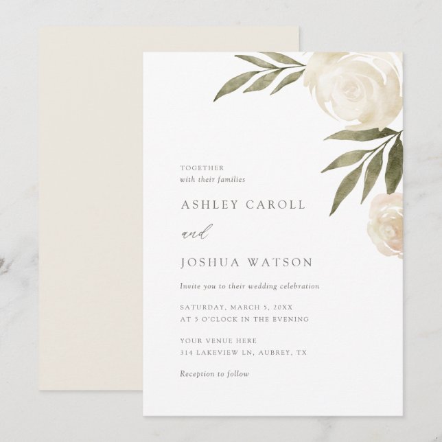 Elegant White Floral Greenery Wedding Invitation (Front/Back)