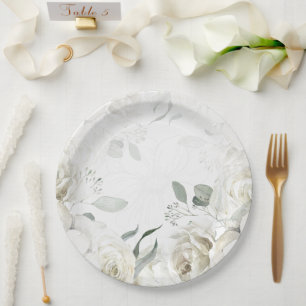 Elegant White Floral Greenery Wedding Paper Plates