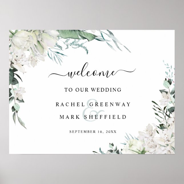 Elegant White Floral Greenery Wedding Welcome Poster (Front)