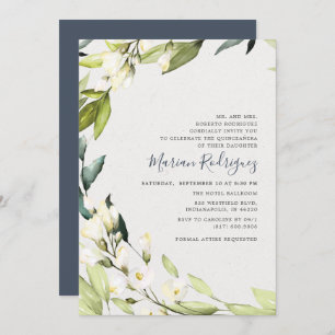 Elegant White Floral Greenery Wreath Quinceañera Invitation