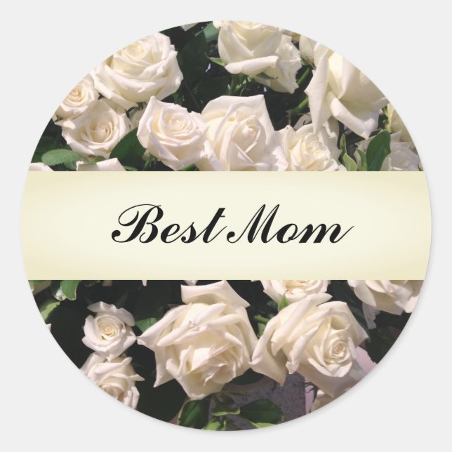 Elegant White Floral Happy Mother's Day Roses Classic Round Sticker (Front)