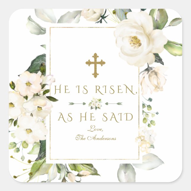 Elegant White Floral He Is Risen Gold Cross Easter Square Sticker (Front)
