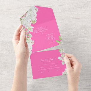 Elegant White Floral Hot Pink Wedding All In One I Invitation