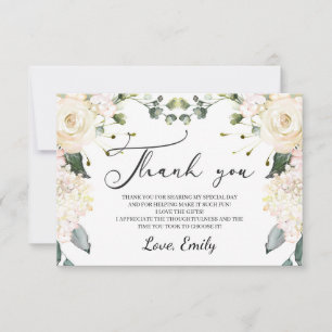 Elegant white floral hydrangea gold bridal shower thank you card