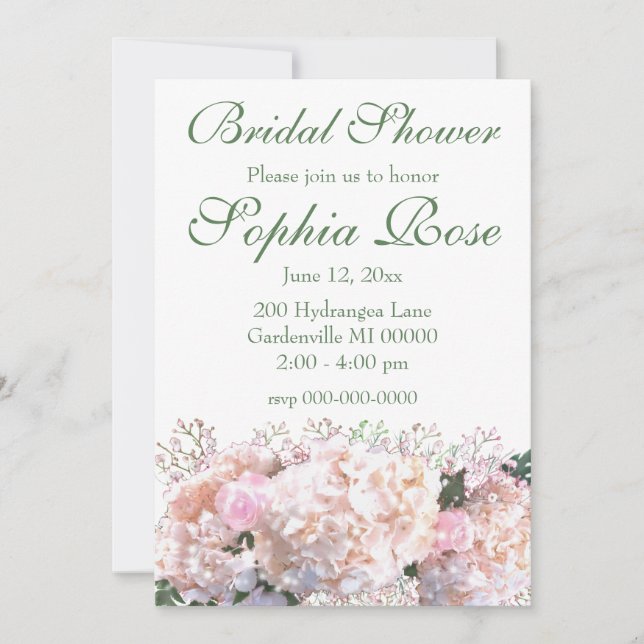 Elegant white floral hydrangeas bridal shower invitation (Front)