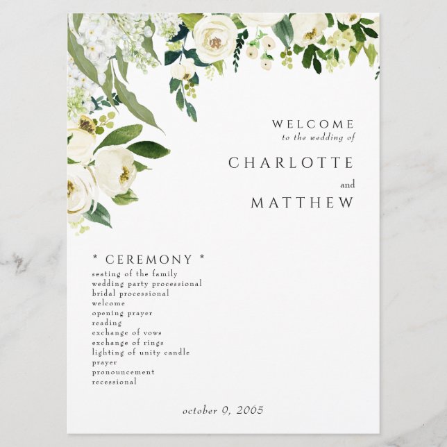 Elegant White Floral II Wedding Program Programme (Front)
