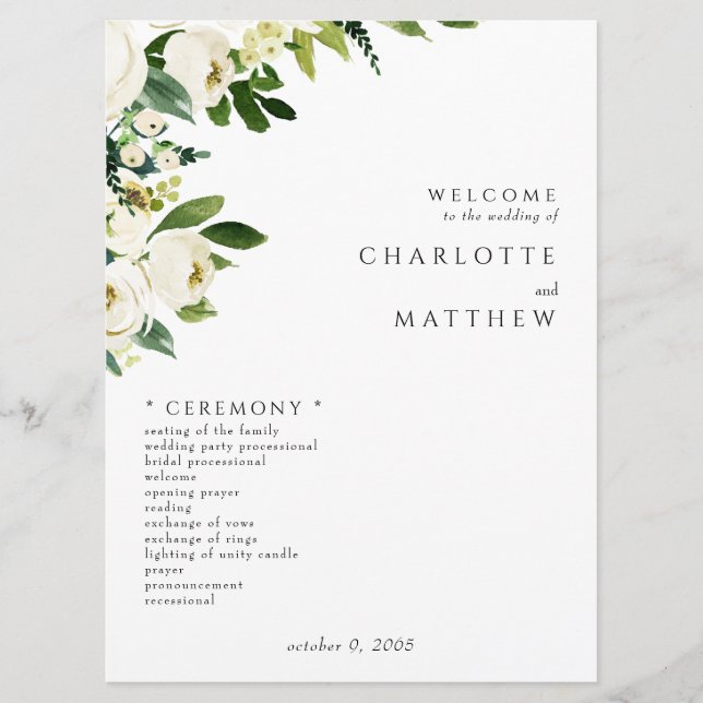 Elegant White Floral III Wedding Program Programme (Front)