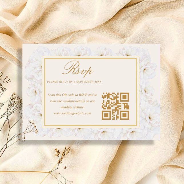 Elegant White Floral Ivory Gold QR RSVP (Creator Uploaded)