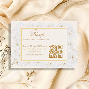 Elegant White Floral Ivory Gold QR RSVP Card