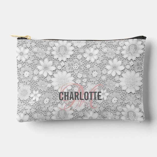 Elegant white floral lace pattern monogram name accessory pouch (Front)