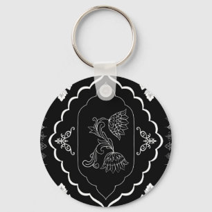 Elegant White Floral Line Art on Black Key Ring