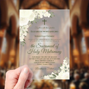 Elegant White Floral Modern Catholic Wedding Acrylic Invitations