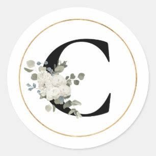 Elegant White Floral Monogram Letter C on White  Classic Round Sticker