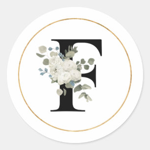 Elegant White Floral Monogram Letter F on White   Classic Round Sticker