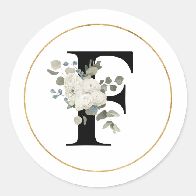 Elegant White Floral Monogram Letter F on White   Classic Round Sticker (Front)