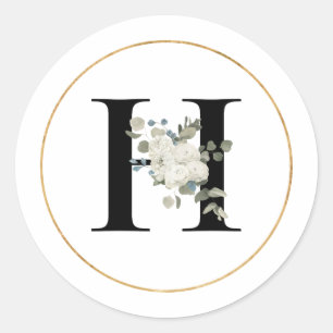 Elegant White Floral Monogram Letter H on White Classic Round Sticker