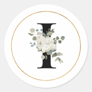 Elegant White Floral Monogram Letter I on White   Classic Round Sticker
